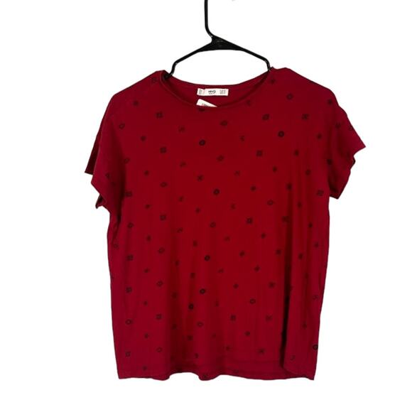 MNG by Mango Red Paisley Print Short Sleeve Casual T-Shirt Women Sz S - Picture 1 of 6